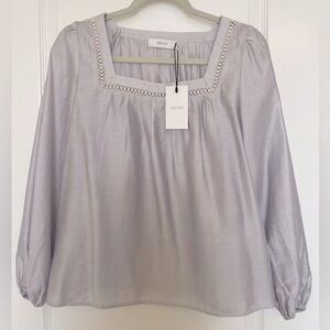 NWT Greylin navy/light silvery grey striped top with Square crochet Neckline